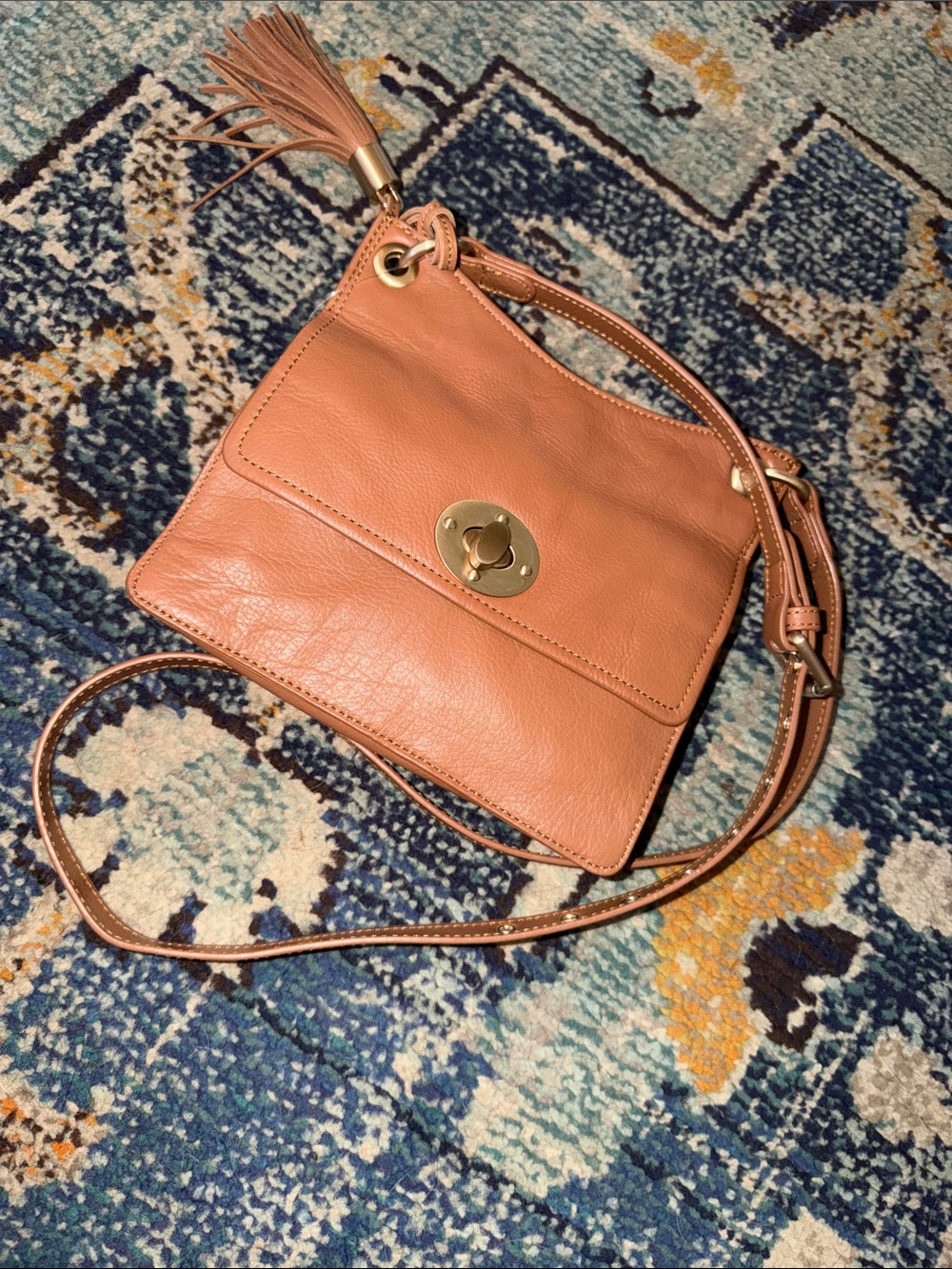Women’s Leather Crossbody Bag with Tassel in Peach-Tan
